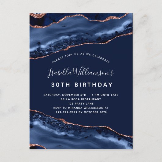 バースデーパーティー青い瑪瑙の大理石バラ金ゴールド インビテーションポストカード (正面)