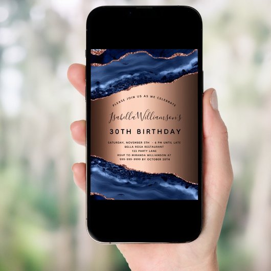 バースデーパーティー青い瑪瑙の大理石バラ金ゴールド 招待状