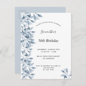 バースデーパーティー青い白い植物学フローラ モダン インビテーションポストカード (正面/裏面)