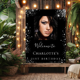 バースデーパーティー黒いシルバーグリッター写真ようこそ ポスター