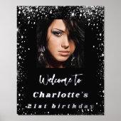 バースデーパーティー黒いシルバーグリッター写真ようこそ 箔ポスター (正面)