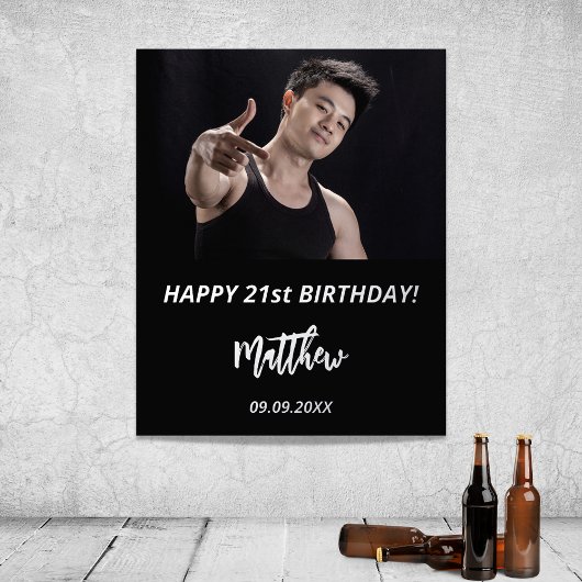 バースデーパーティー黒いシルバーグリッター写真 箔ポスター