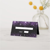 バースデーパーティー黒い紫のグリッターの塵 プレイスカード (正面)