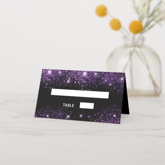 バースデーパーティー黒い紫のグリッターの塵 プレイスカード (正面)