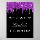 バースデーパーティー黒い紫のグリッタードリップウェルカム ポスター (正面)