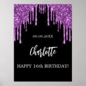バースデーパーティー黒い紫のグリッタードリップグラム ポスター (正面)