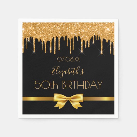 バースデーパーティー黒い金ゴールドグリッタードリップボウ名 スタンダードカクテルナプキン (正面)