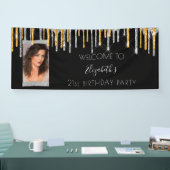 バースデーパーティー黒い金ゴールドシルバーグリッター写真 横断幕 (トレードショー)