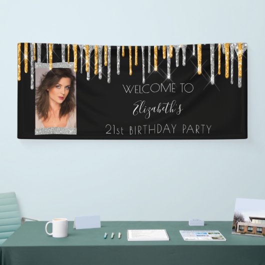 バースデーパーティー黒い金ゴールドシルバーグリッター写真 横断幕 (トレードショー)