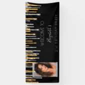 バースデーパーティー黒い金ゴールドシルバーグリッター写真 横断幕 (縦)