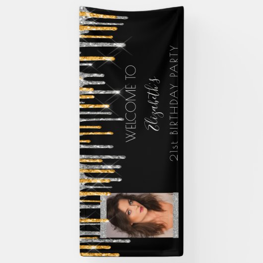 バースデーパーティー黒い金ゴールドシルバーグリッター写真 横断幕 (縦)