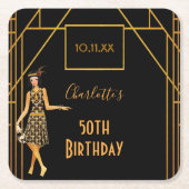 バースデーパーティー黒い金ゴールド1920年代のスタイルアートデコ スクエアペーパーコースター (正面)