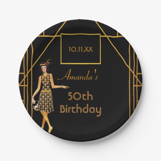 バースデーパーティー黒い金ゴールド1920年代のスタイルアートデコ ペーパープレート (正面)