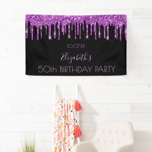 バースデーパーティー黒紫のグリッターグラマラス 横断幕 (インサイチュ)