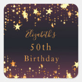 バースデーパーティー黒紫の金ゴールド星 スクエアシール (正面)