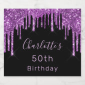 バースデーパーティー黒紫グリッタードリップピンクグラム スパークリングワインラベル (シングルラベル)