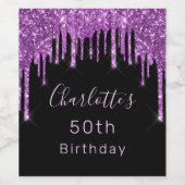 バースデーパーティー黒紫グリッタードリップピンクグラム ワインラベル (シングルラベル)