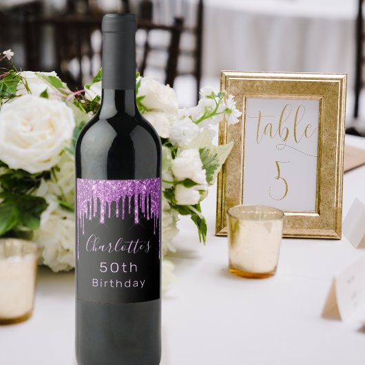 バースデーパーティー黒紫グリッタードリップピンクグラム ワインラベル