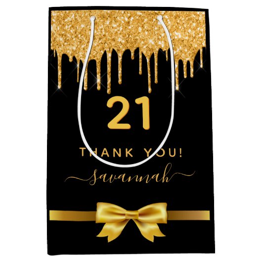 バースデーパーティー黒金ゴールド感謝していグリッターお願い ミディアムペーパーバッグ (正面)