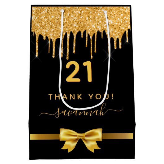 バースデーパーティー黒金ゴールド感謝していグリッターお願い ミディアムペーパーバッグ (裏面)
