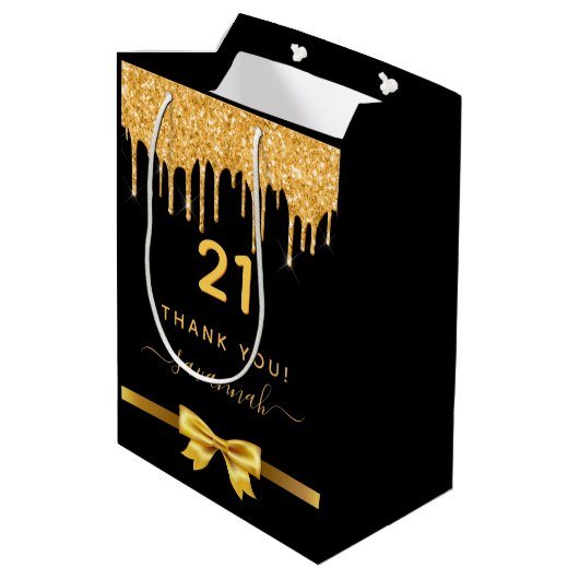 バースデーパーティー黒金ゴールド感謝していグリッターお願い ミディアムペーパーバッグ (裏面アングル)