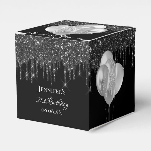 バースデーパーティー黒銀グリッター風船 フェイバーボックス (正面サイド)