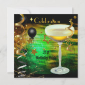 バースデーパーティー21stお祝いシャンパングリーン 招待状 (正面)