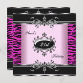 バースデーパーティー21stゼブラ白黒ピンクシルバー 招待状 (正面/裏面)