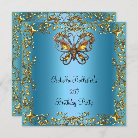 バースデーパーティー21stバタフライティール（緑がかった色）ブルー金ゴールド 招待状 (正面/裏面)