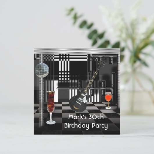 バースデーパーティー30thメンズギタードリンク白黒 招待状 (スタンド正面)