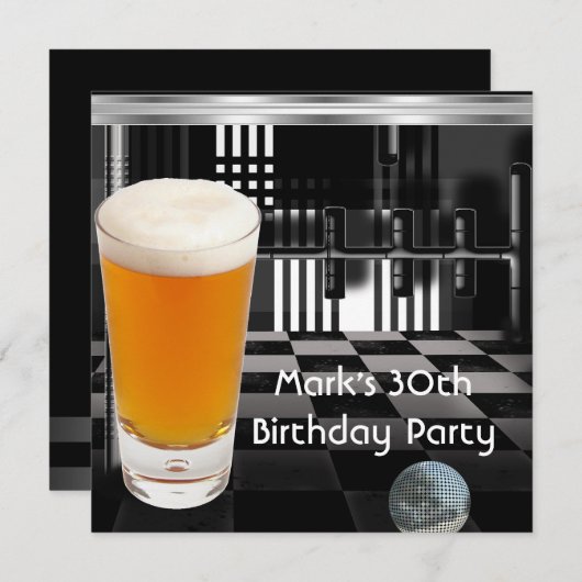 バースデーパーティー30thメンズビール白黒シルバー 招待状 (正面/裏面)