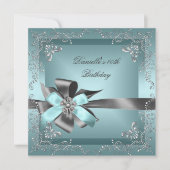 バースデーパーティー40ティール（緑がかった色）ブルーシルバーグレー 招待状 (正面)