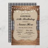 バースデーパーティー50thチェック素朴ウッド白黒 招待状 (正面/裏面)