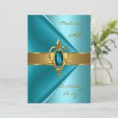 バースデーパーティー50thベルベットティール(緑がかった色)パール金ゴールドジュエル 招待状 (スタンド正面)