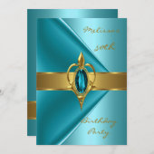 バースデーパーティー50thベルベットティール(緑がかった色)パール金ゴールドジュエル 招待状 (正面/裏面)
