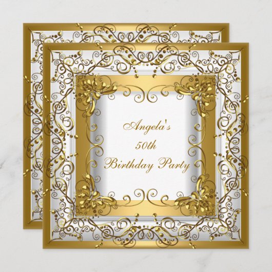 バースデーパーティー50thホワイト金ゴールドフローラ 招待状 (正面/裏面)