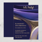 バースデーパーティー・アブストラクトブルー、パープル、ゴールド- 招待状 (正面/裏面)
