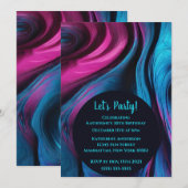 バースデーパーティー - アブストラクト フルイド アート - 青とピンク 招待状 (正面/裏面)