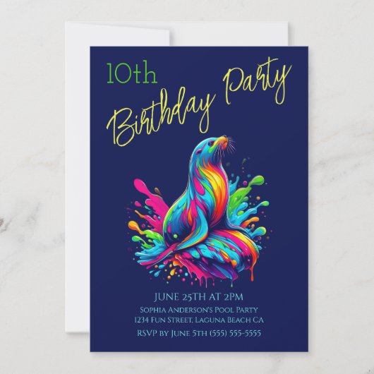 バースデーパーティー - カラフルなアシカのスプラッシュ 招待状 (正面)