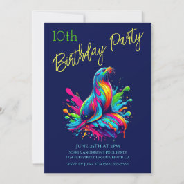 バースデーパーティー - カラフルなアシカのスプラッシュ 招待状