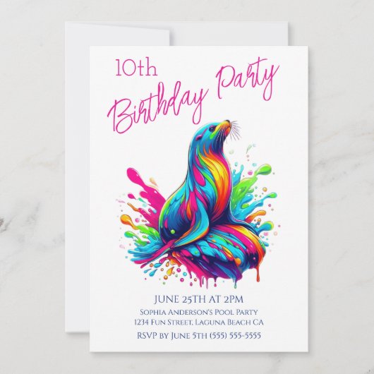 バースデーパーティー - カラフルなアシカのスプラッシュ 招待状 (正面)