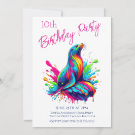 バースデーパーティー - カラフルなアシカのスプラッシュ 招待状