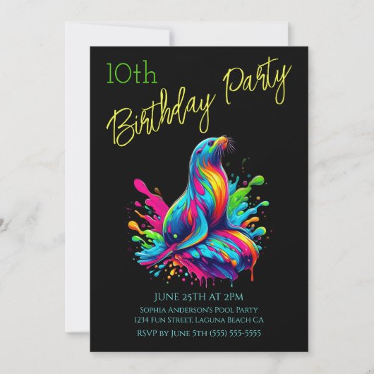 バースデーパーティー - カラフルなアシカのスプラッシュ 招待状 (正面)