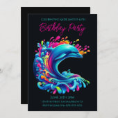 バースデーパーティー - カラフルなイルカの飛沫 招待状 (正面/裏面)