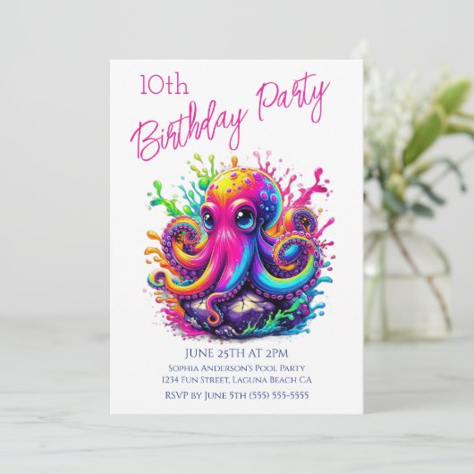 バースデーパーティー - カラフルなタコのスプラッシュ 招待状 (スタンド正面)