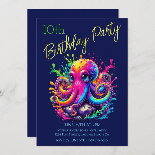 バースデーパーティー - カラフルなタコのスプラッシュ 招待状 (正面/裏面)