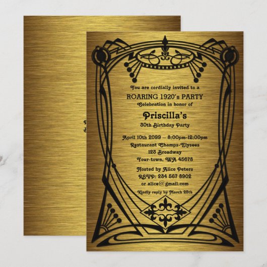 バースデーパーティー、ギャツビースタイル、金ゴールドブラック、モノグラム 招待状 (正面/裏面)