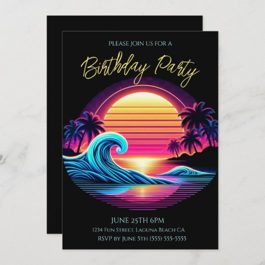 バースデーパーティー - サンセットサーフグロウ 招待状 (正面/裏面)