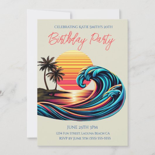 バースデーパーティー – サンセットレトロサーフウェーブ 招待状 (正面)