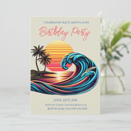 バースデーパーティー – サンセットレトロサーフウェーブ 招待状 (スタンド正面)